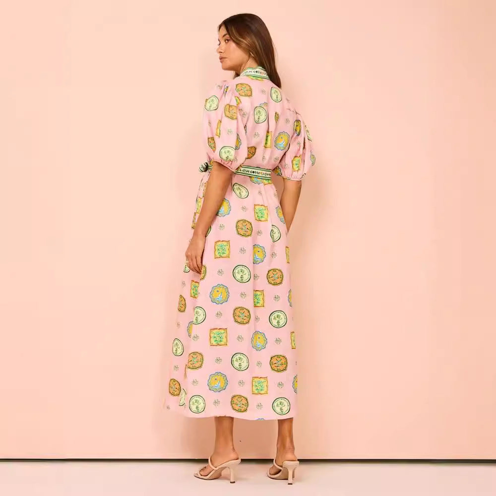 Stylish Linen Dress with Graffiti Print and Lantern Sleeves