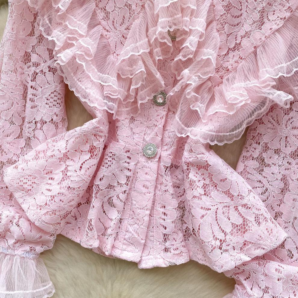Lace Patchwork Lantern Sleeve Blouse