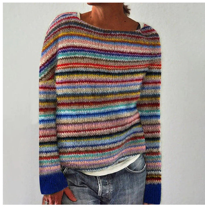 Women's Loose Knit Sweater - Color Block Round Neck Pullover