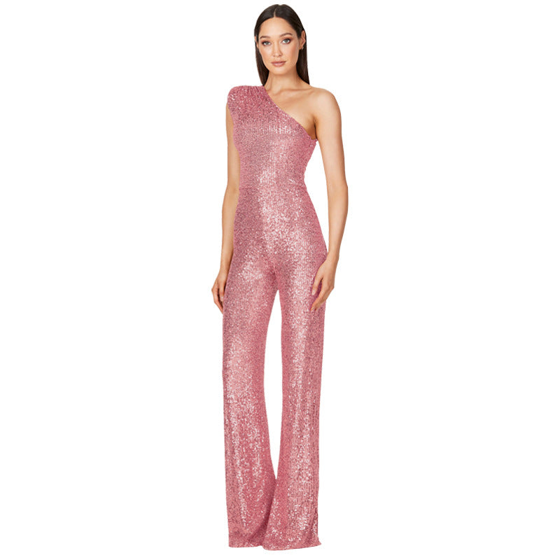 Sexy One Shoulder Sequined Jumpsuits
