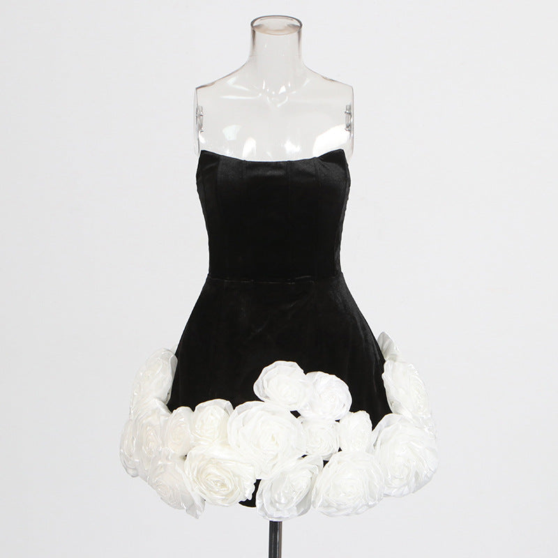 Designed Sexy Velvet Bustier Ball Gown Mini Dress with 3D White Roses