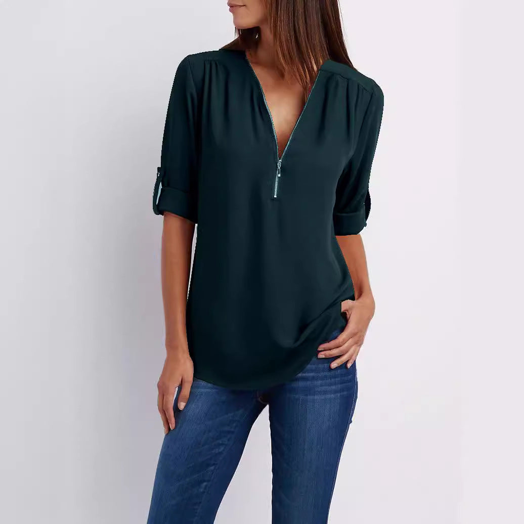 Plus-Size V-Neck Zip-Up Long Sleeve Chiffon Blouse
