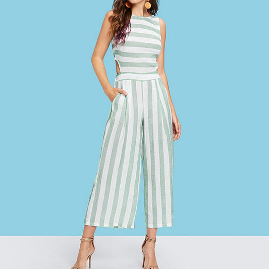 Designed Round Neck Baring Waist Striped Women Jumpsuits