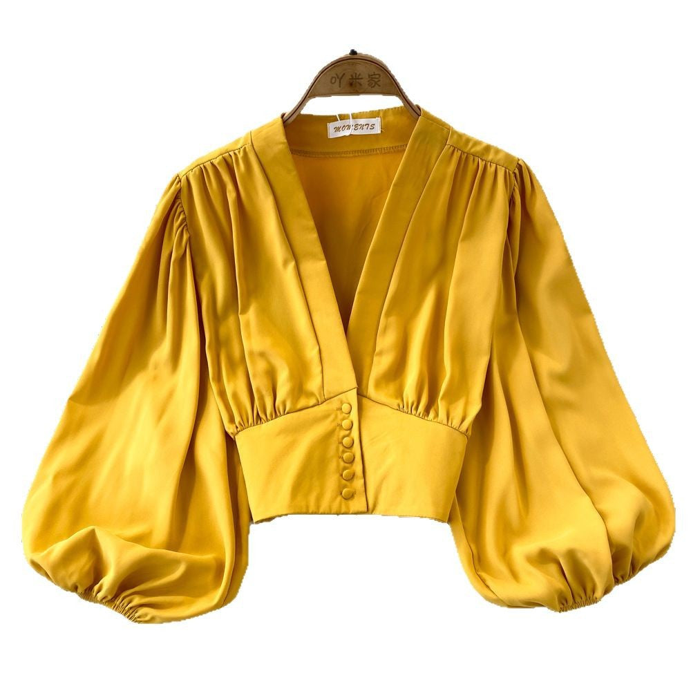 Women's Fashion V-Neck Lantern Sleeve Crop Top