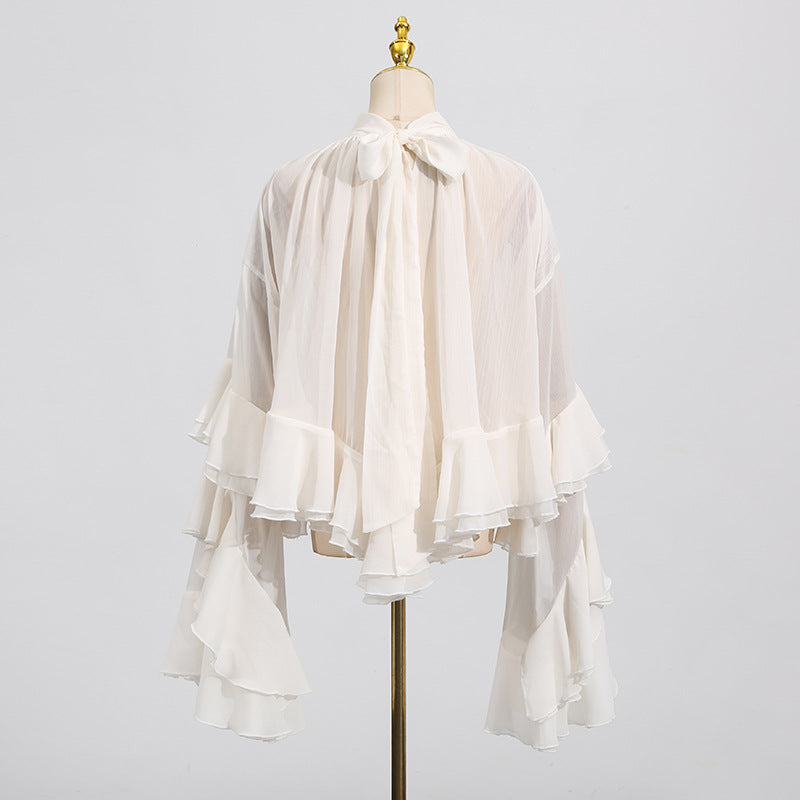 Women's Elegant Mesh Ruffle Long Sleeve Blouse