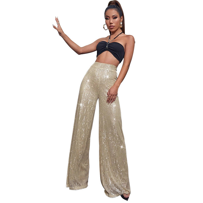 Fashion High Waist Sequin Summer Wide Legs Pants