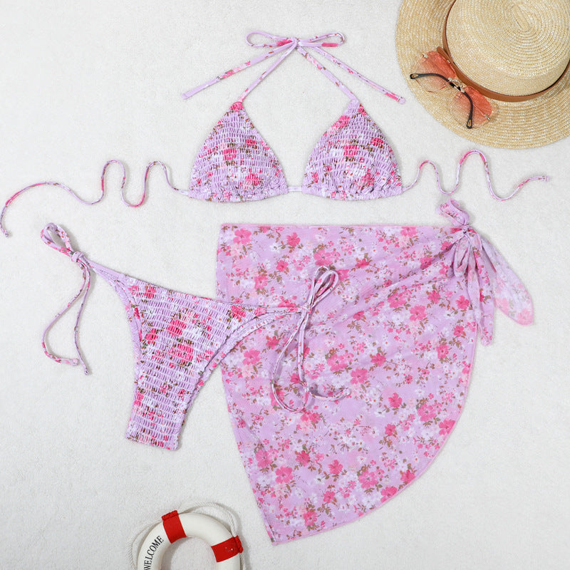 Print Bikini Three-Piece Set – Sheer Skirt Separates, Sexy Vacation Swimwear