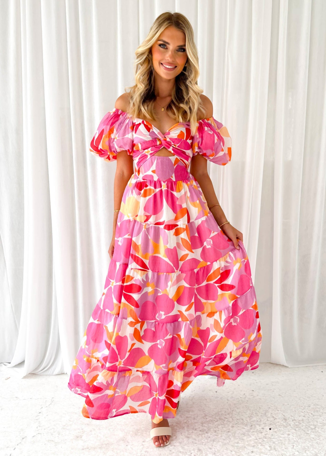 Elegant Floral Print Puff Sleeve Dress