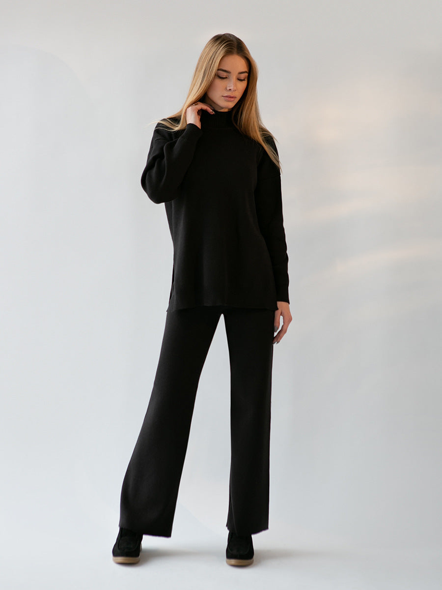 Casual High Neck Knitted Two Pieces Women Suits