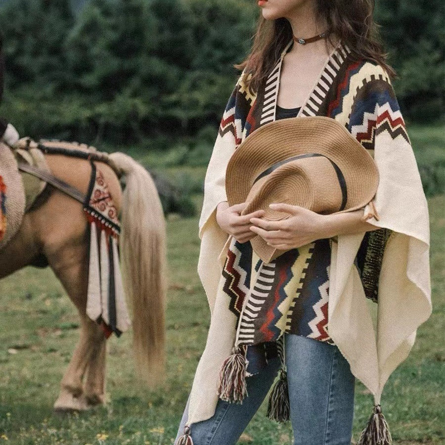 Bohemian Tassel Knit Cape – Free-Spirited & Stylish