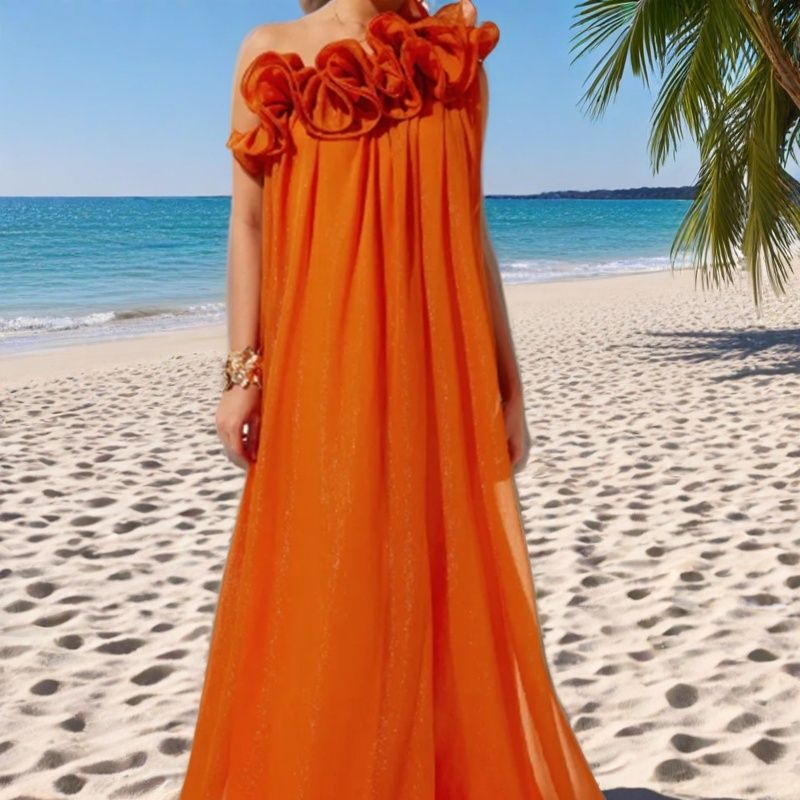 Women's Solid Color Off-Shoulder Draped Dress with 3D Floral Detail