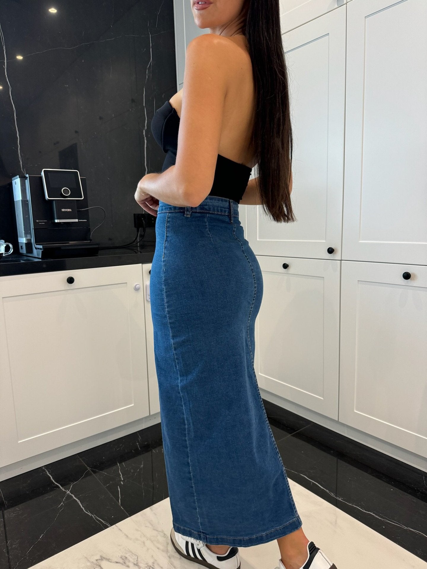 High Waist Asymmetrical Button-Down Denim Pencil Skirt