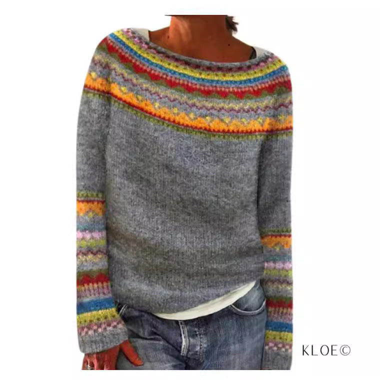 Women's Loose Knit Sweater - Color Block Round Neck Pullover