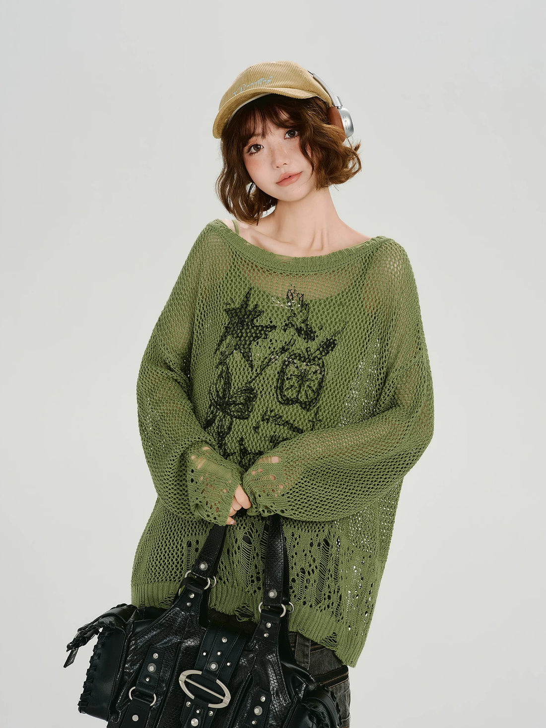 Girlyhalo Retro Y2K Printed Hollow-Out Knit Top