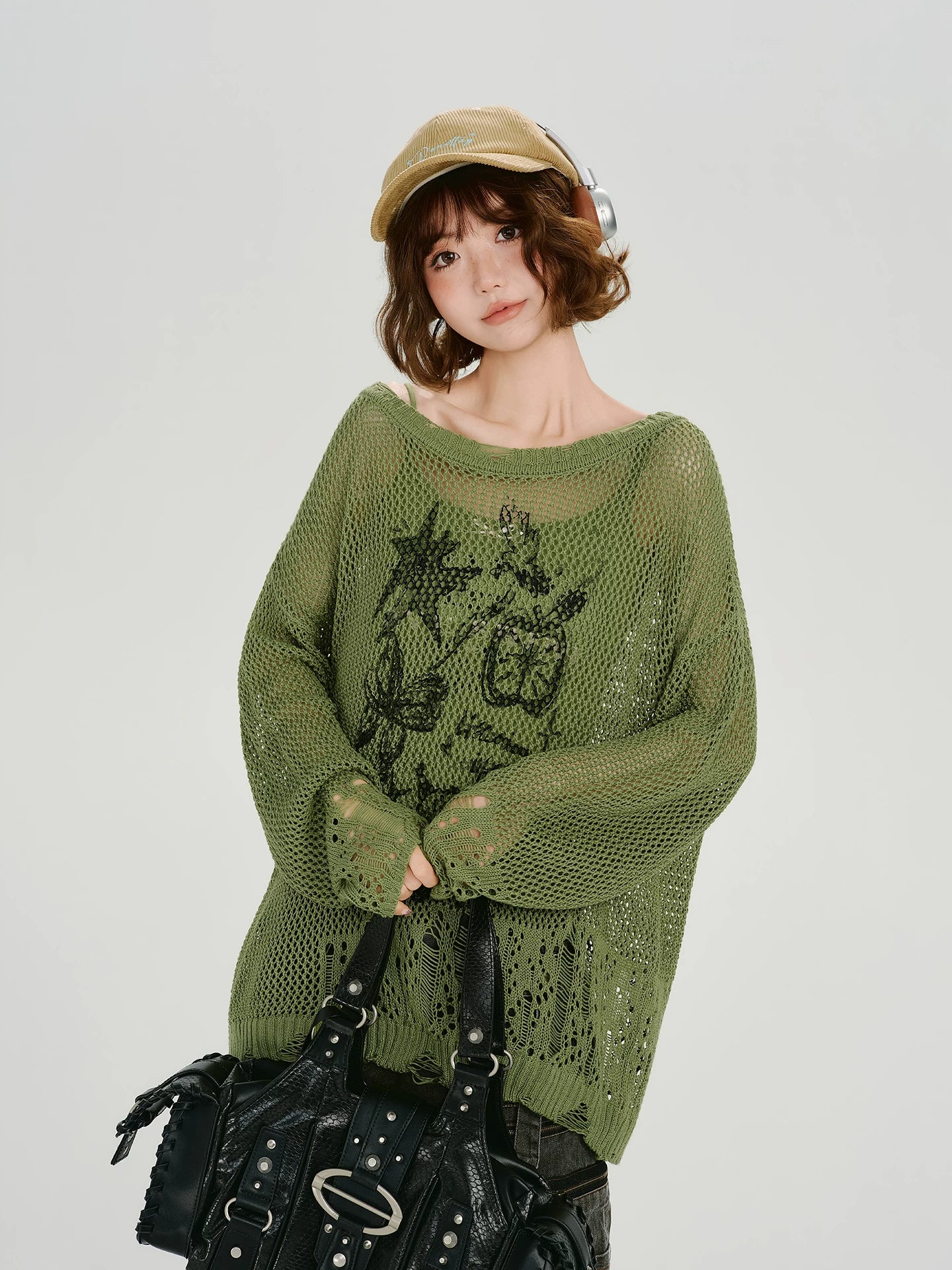 Girlyhalo Retro Y2K Printed Hollow-Out Knit Top