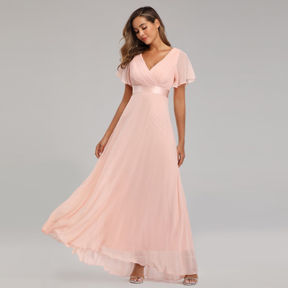 Elegant V Neck Chiffon Women Party Dresses-Dresses-Pink-S-Free Shipping at meselling99