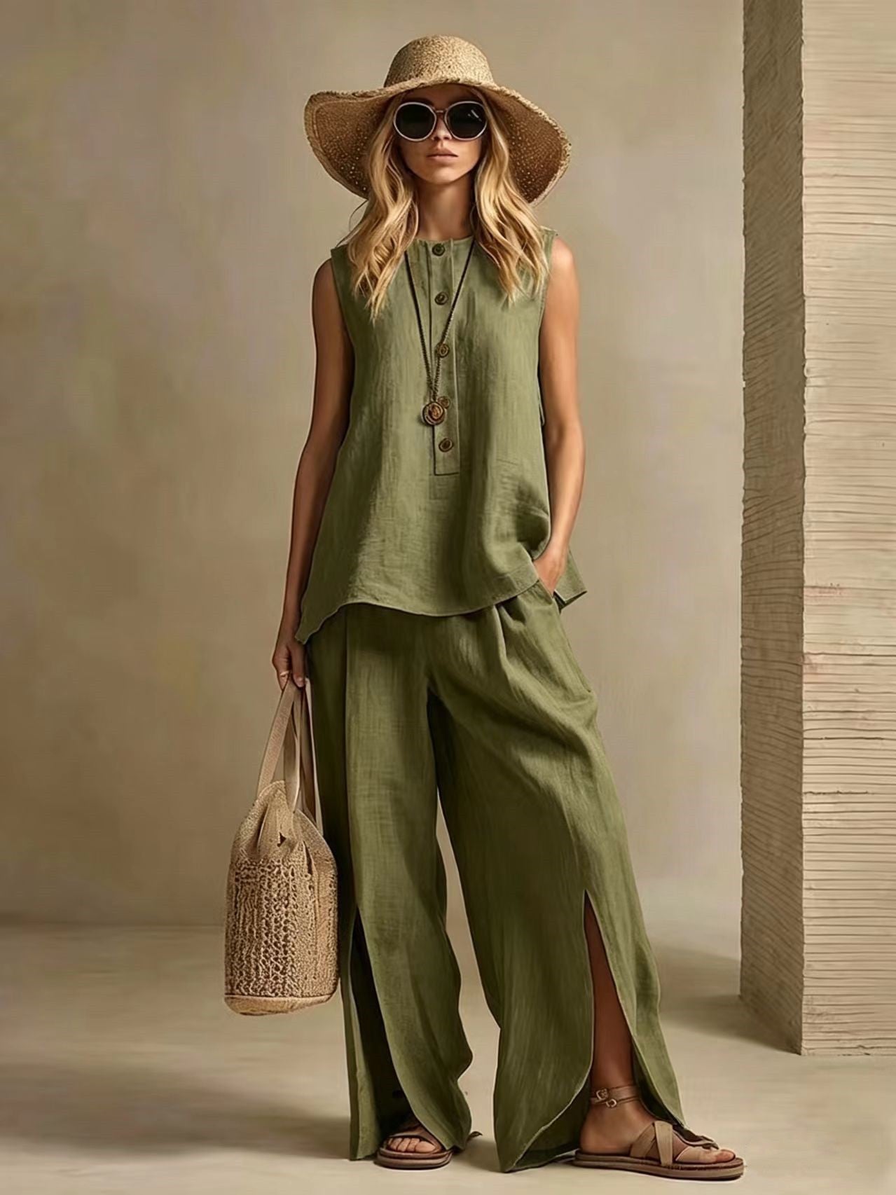 Women's Cotton Linen Sleeveless Two-Piece Set