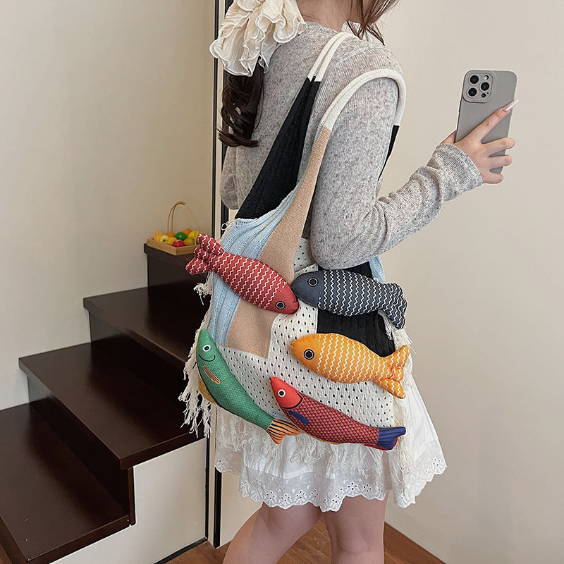 Patchwork Knit Shoulder Bag with Checkered Design