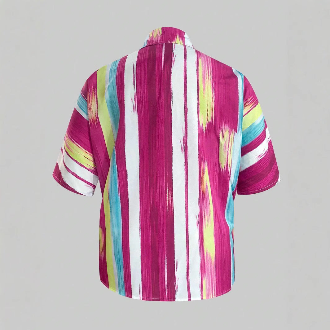 Plus Size Women's Printed Short Sleeve Button-Down Shirt with Lapel Collar-Rose Red-S-Free Shipping Leatheretro