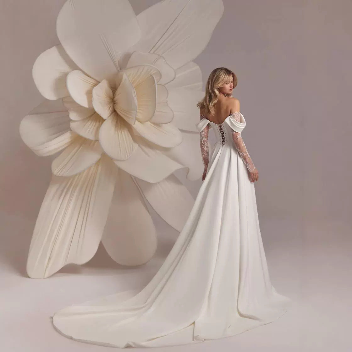 Off-Shoulder Satin Slit Evening Gown/Wedding Dress