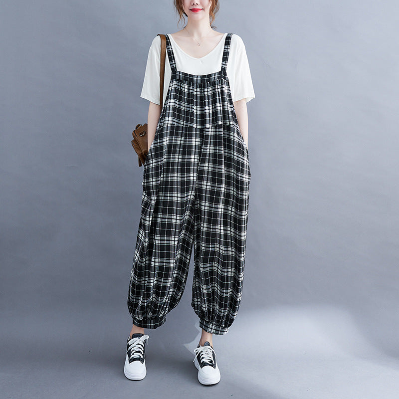 Vintage Plaid Plus Sizes Jumpsuits for Women