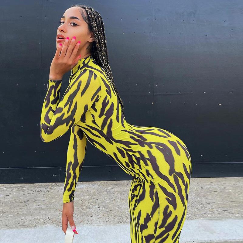 Sexy High Neck Yellow Leopard Long Sleeves Women Dresses-Dresses-Free Shipping at meselling99