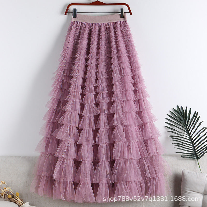 A-Line Mid-Length Tulle Skirt with Layered Mesh Insert