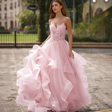 V-Neck Satin Strap A-Line Evening Gown