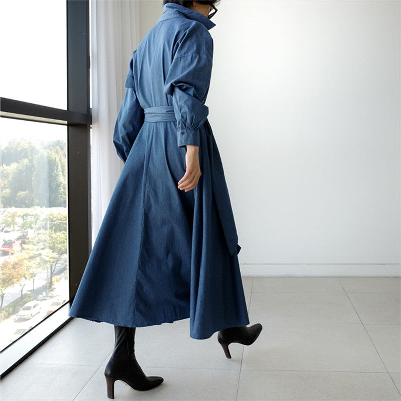 Blue Long Sleeve Loose Denim Shirts Maxi Dresses-Cozy dresses-Free Shipping at meselling99
