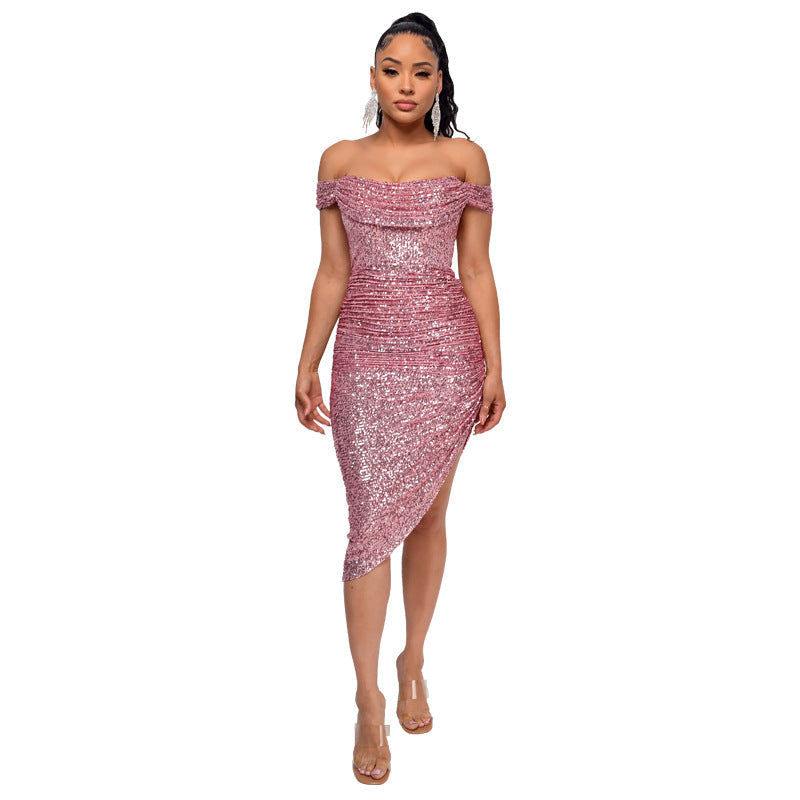 Sexy Off The Shoulder Sequined Mini Cocktail Dresses-Dresses-Gold-S-Free Shipping at meselling99