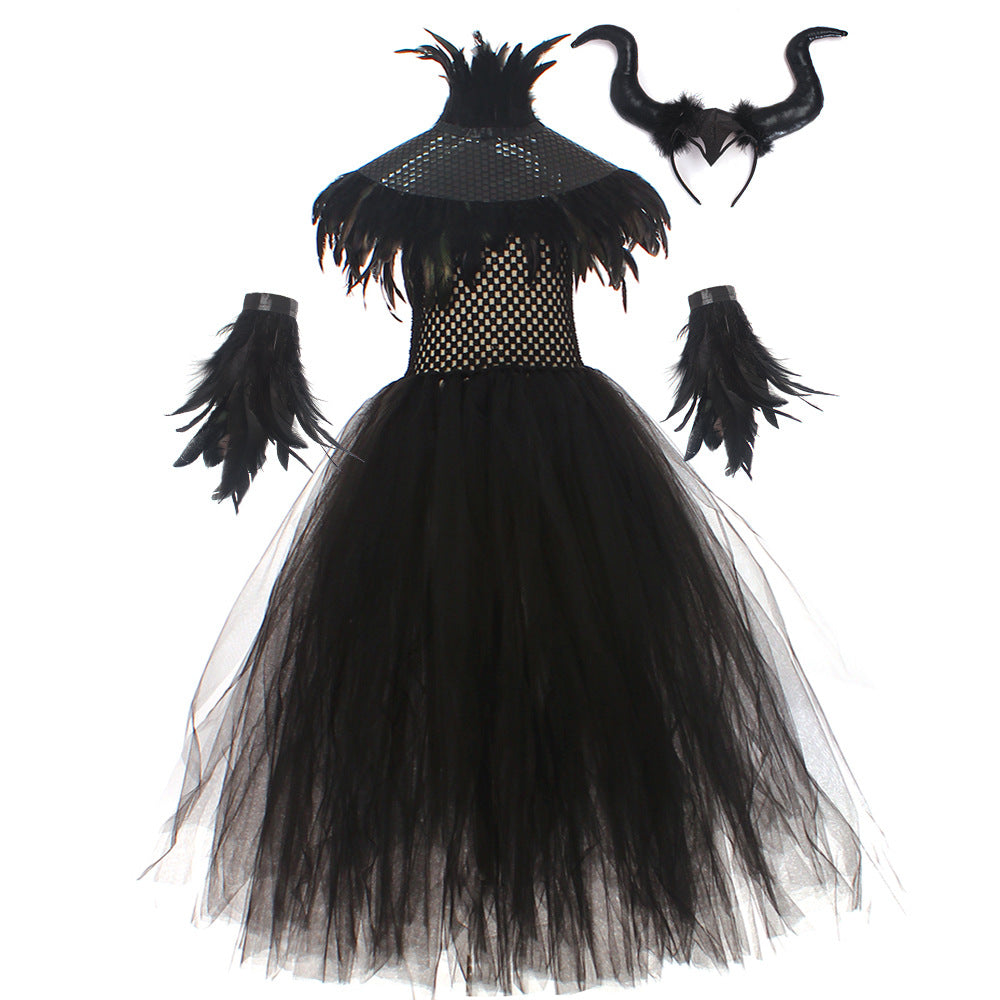 Halloween Glitter Feather Collar Witch Long Dress