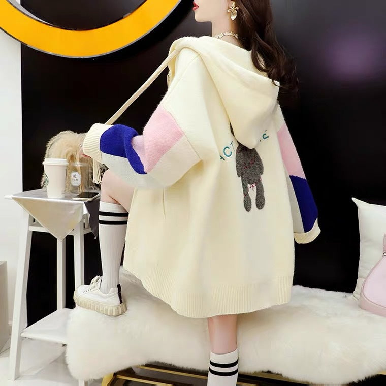 Women's Longline Color-Block Hooded Cardigan – Oversized Chunky Knit Sweater Coat