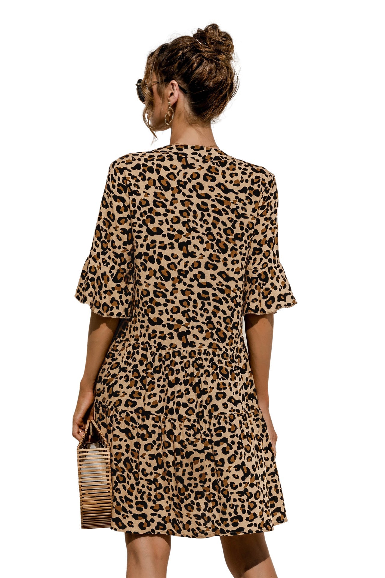 Women's V-Neck Flared Sleeve Tiered Contrast Panel Dress