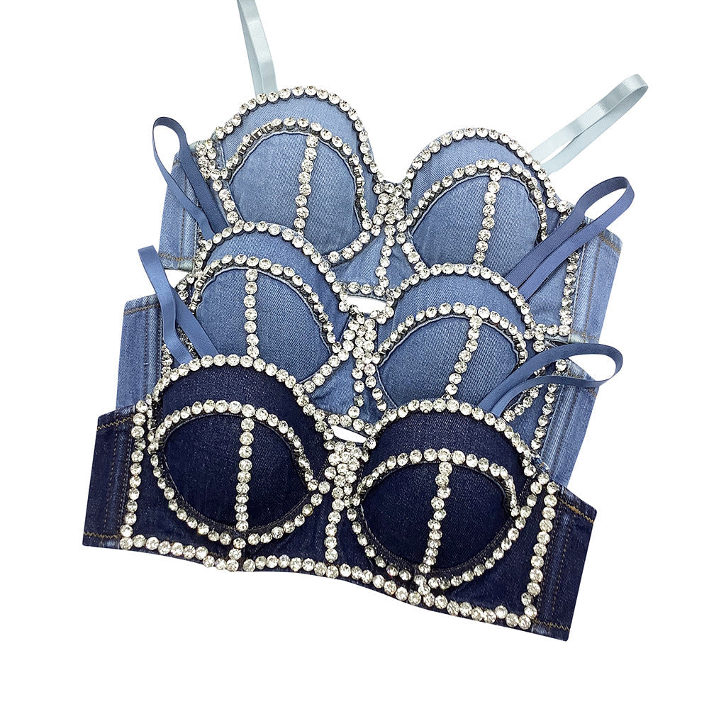 Cowfish Bone Inlaid Diamonds Detachable Straps Back-Closure Denim Corset Top