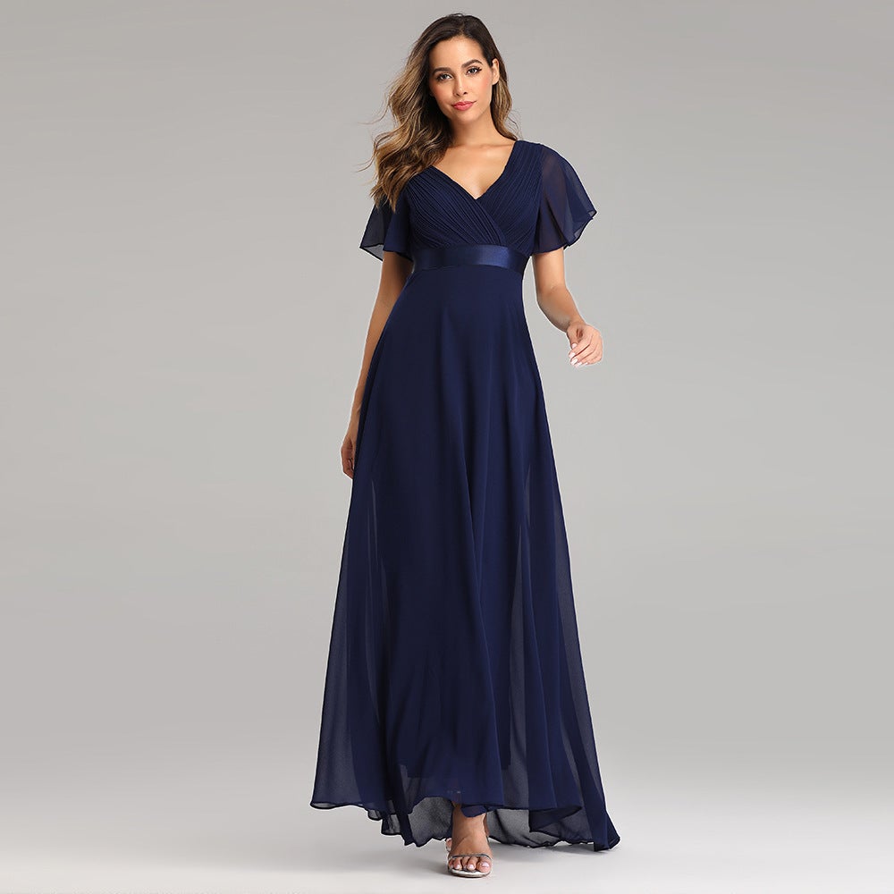 Elegant V Neck Chiffon Women Party Dresses-Dresses-Dark Blue-S-Free Shipping at meselling99