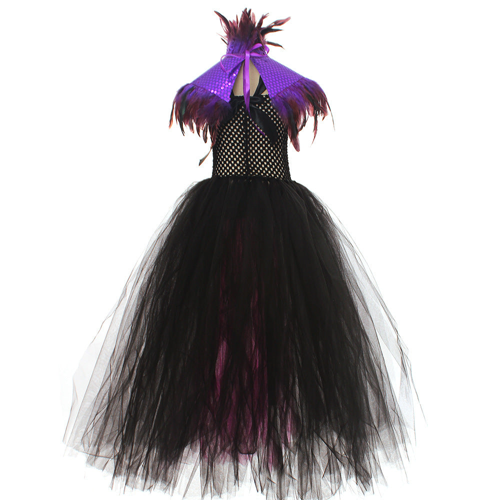Halloween Glitter Feather Collar Witch Long Dress
