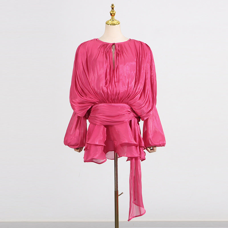 Designed Sweet Style Beach Dress – Loose Fit Long Sleeve Wrap Belt Waist Mini Dress