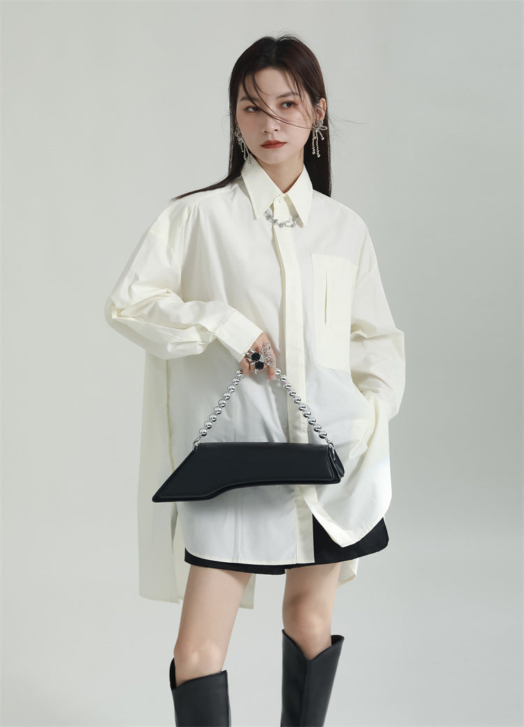 Oversized Asymmetrical Shirt – Trendy Longline Loose Fit Casual Blouse-Apricot-One Size-Free Shipping Leatheretro