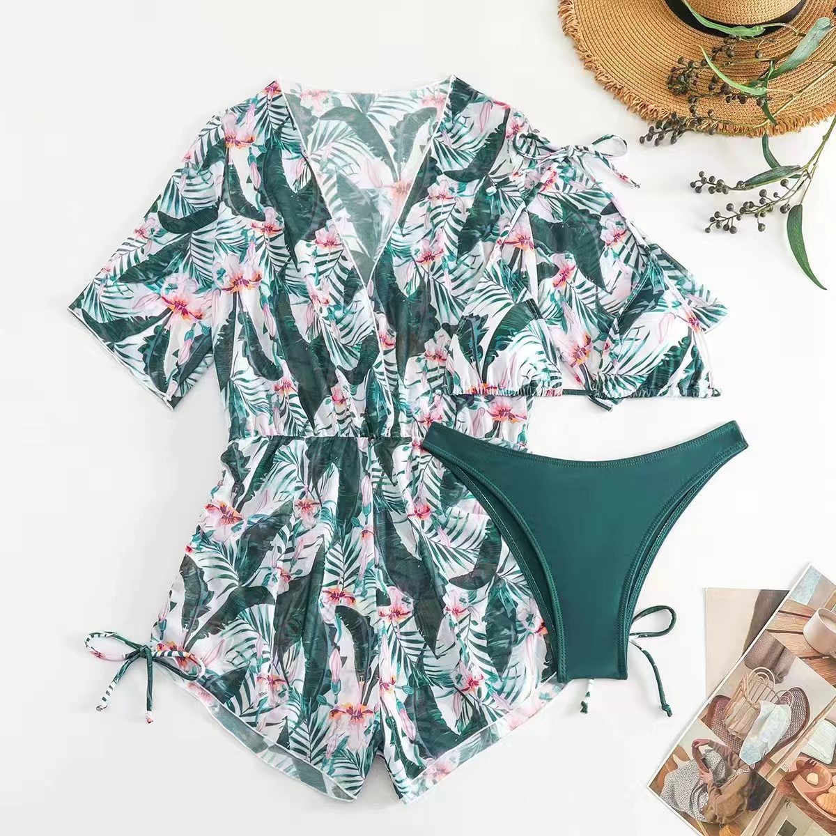 Sexy Net Drawstring 3pcs Women Swimsuits