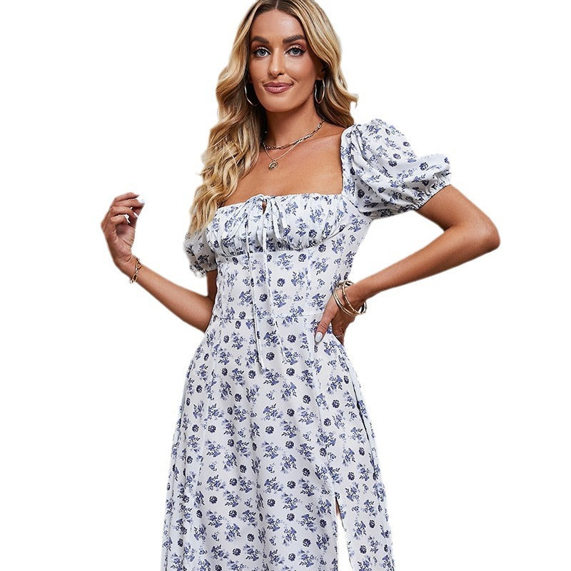 Women's Fashion Floral Print Bubble Sleeve Tie-Front Bustier Slit Dress