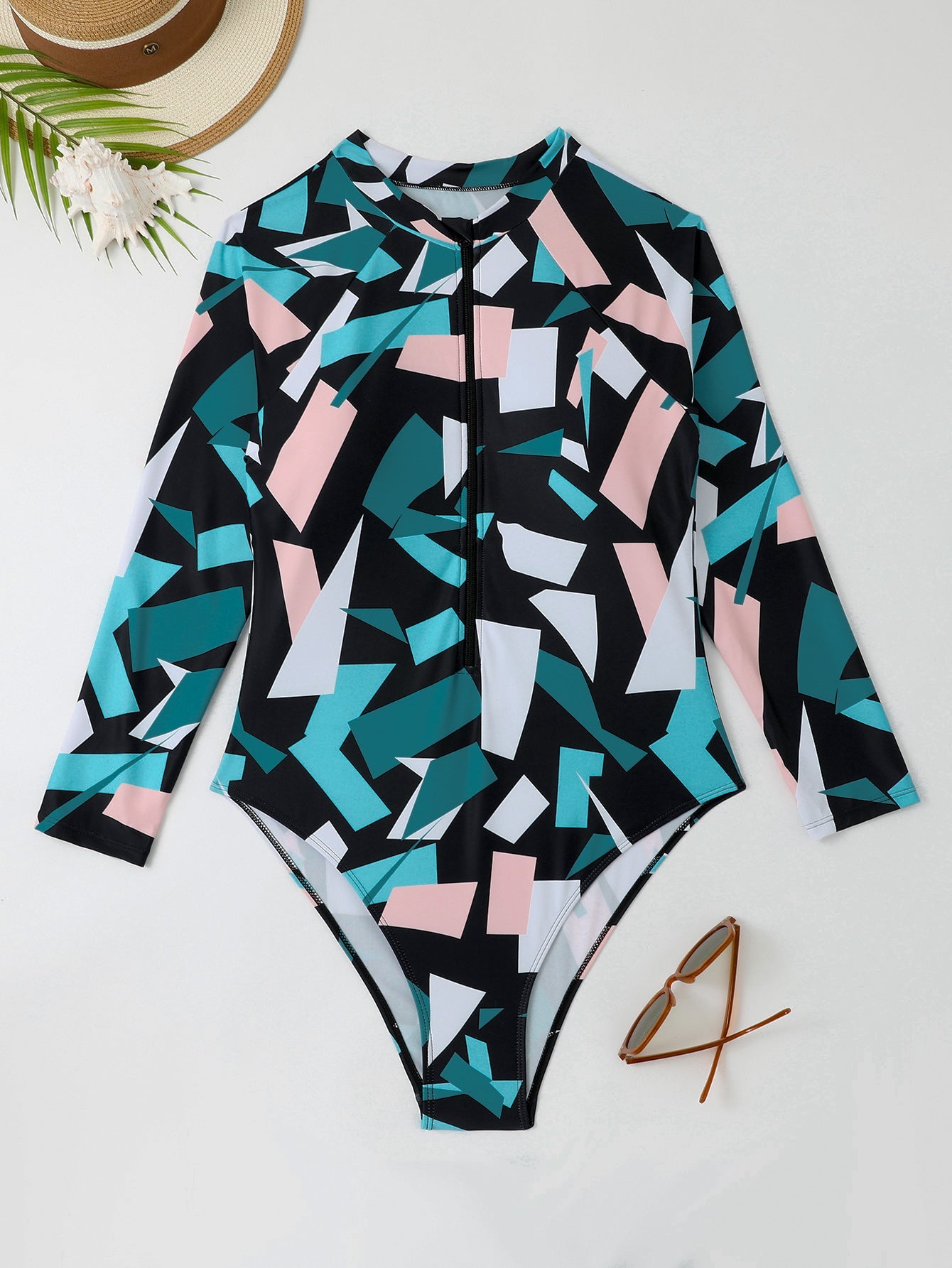 Women's Printed Long Sleeve Zip-Up One-Piece Swimsuit