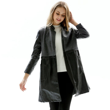 Women's Plus-Size Wool Blend Longline PU Leather Jacket