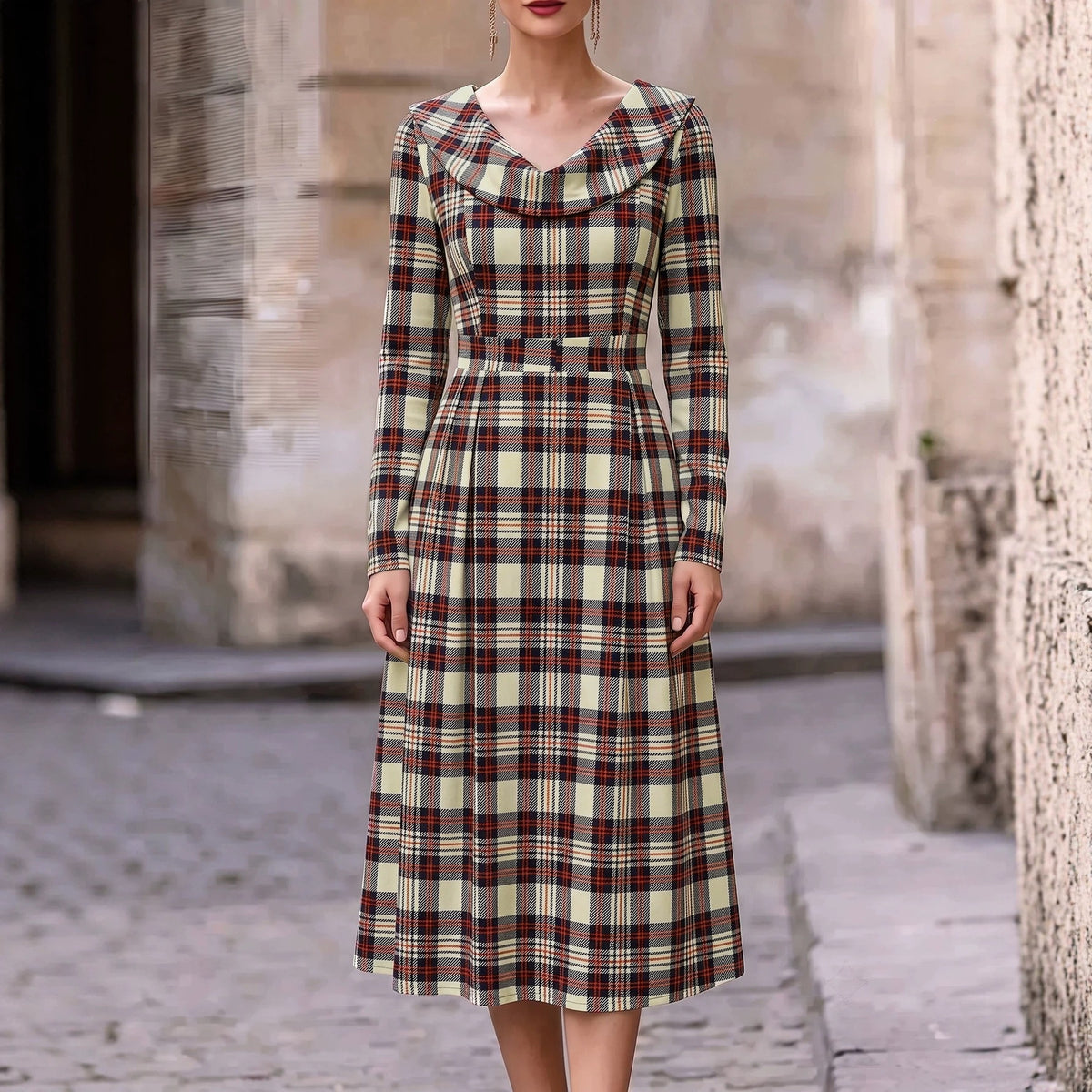 Autumn Winter Plaid Print Long Dress for Women