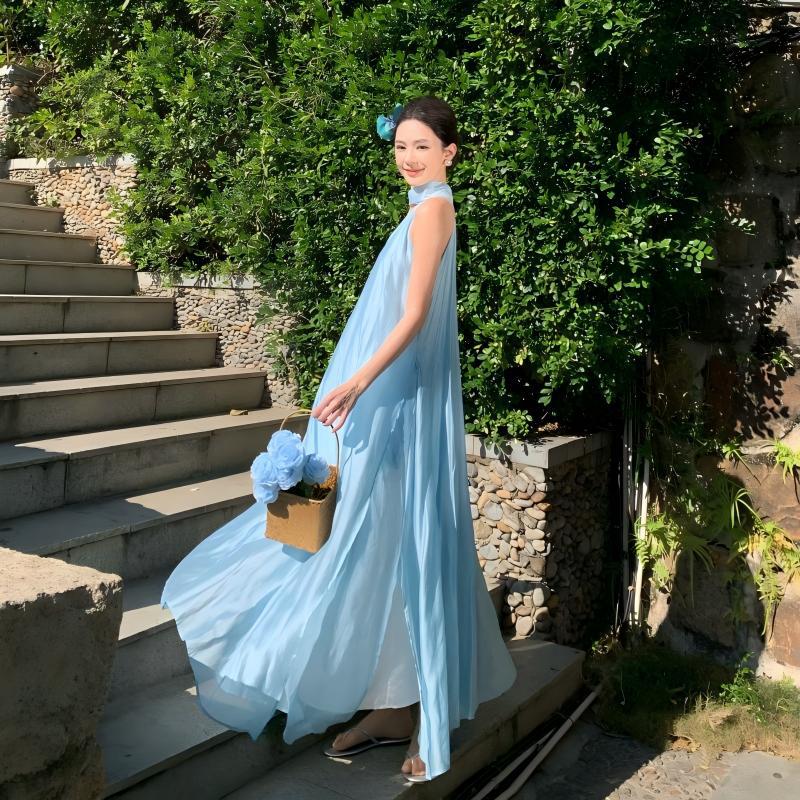 Ethereal Tie-Neck Maxi Dress – Flowy Goddess Silhouette with Elegant Sash Detail