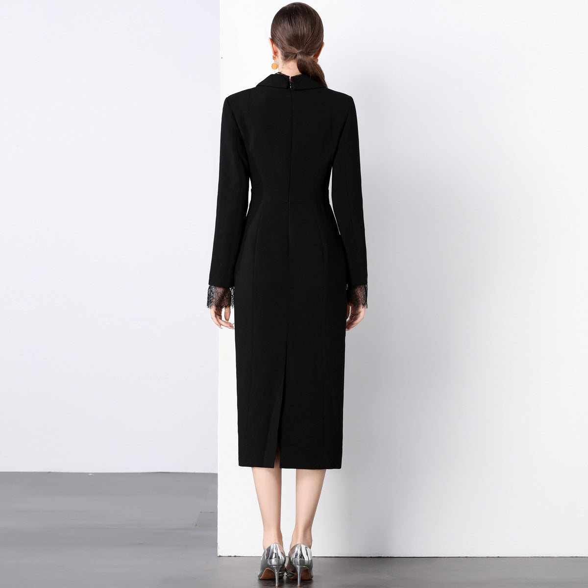 Lace Trimmed Blazer Office Dress - Women's Elegant Black Dress