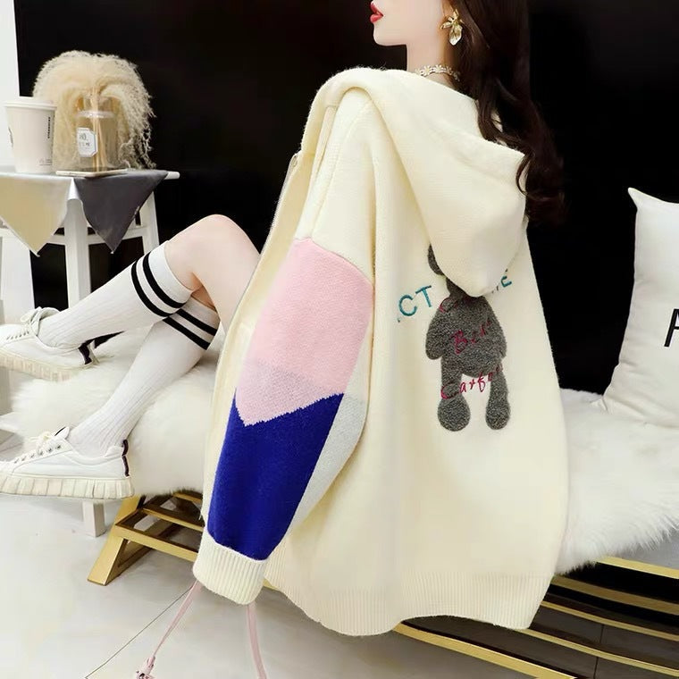 Women's Longline Color-Block Hooded Cardigan – Oversized Chunky Knit Sweater Coat