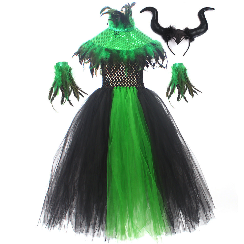 Halloween Glitter Feather Collar Witch Long Dress
