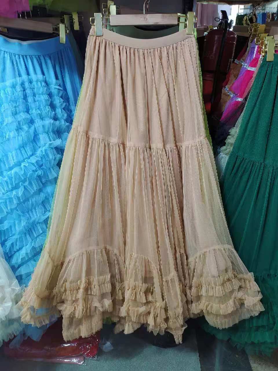 Layered Tulle Skirt with Floral Lace Trim-khaki-One Size-Free Shipping Leatheretro