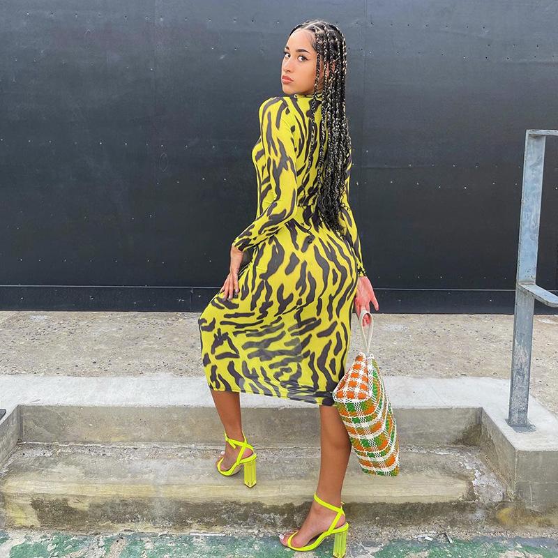 Sexy High Neck Yellow Leopard Long Sleeves Women Dresses-Dresses-Free Shipping at meselling99