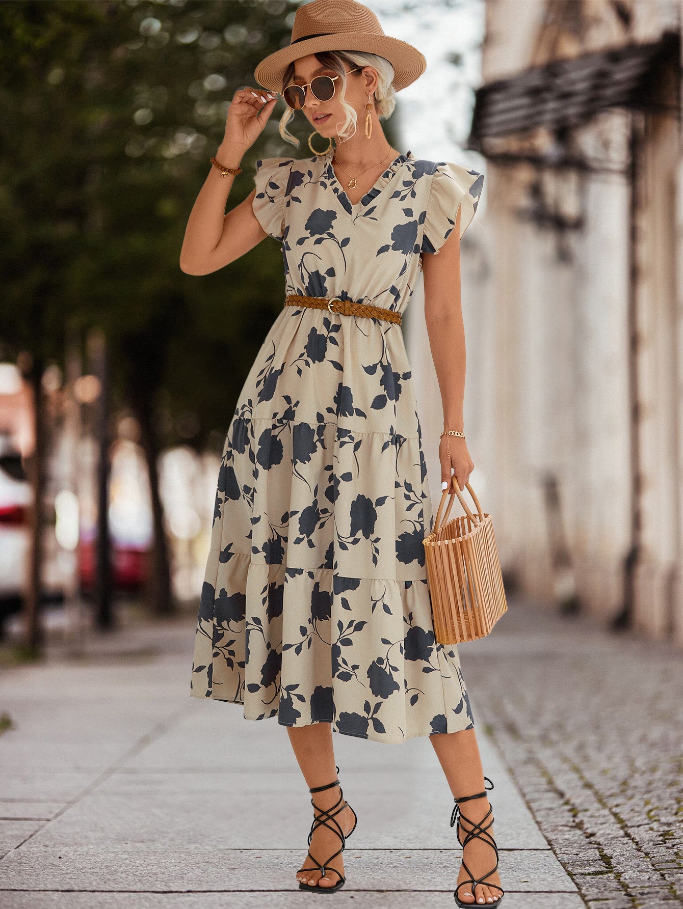 Casual V Neck Floral Print Women Dresses